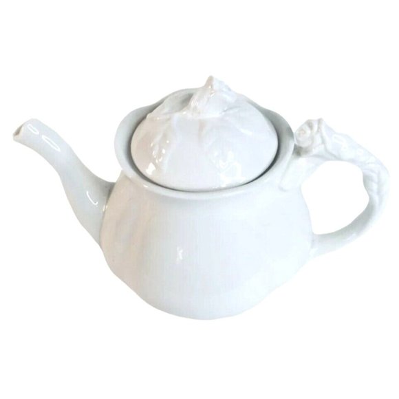 Ceramic Teapot I Godinger Sculptured Rose Leaves Handle Lid Ivory White Color - Picture 1 of 6